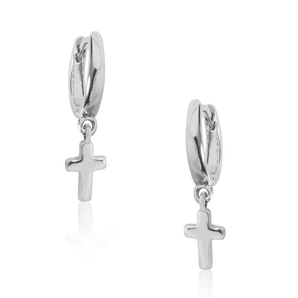 Sterling Silver Cross Line Stud Cuff Huggie Earrings Jewellery 2 Tones